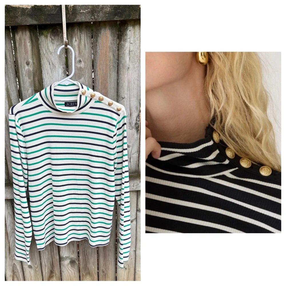 J. Crew Vintage Rib Turtleneck with Buttons BT676 Lisbon Stripe 16 XL